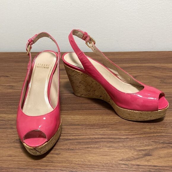 Stuart Weitzman Riviera Slingback Platform Wedge Sandal in Pink Patent Leather. - Picture 1 of 9